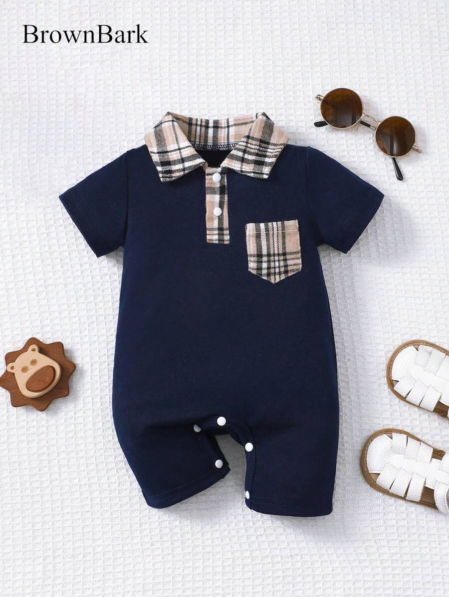 Newborn Baby Boy Plaid Texture Polo Short Sleeve Jumpsuit Casual Summer Outfit for Daily Wear