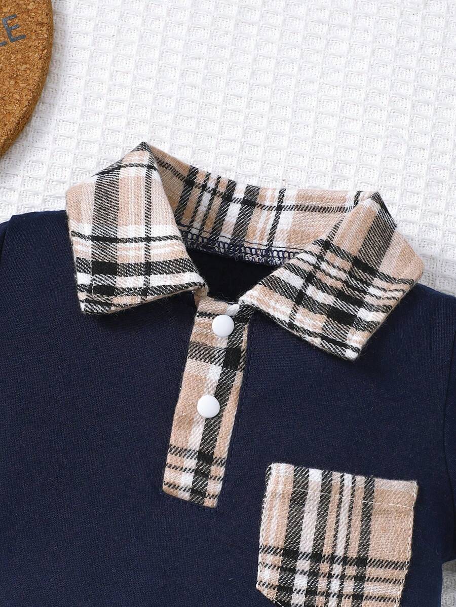 Newborn Baby Boy Plaid Texture Polo Short Sleeve Jumpsuit Casual Summer Outfit for Daily Wear