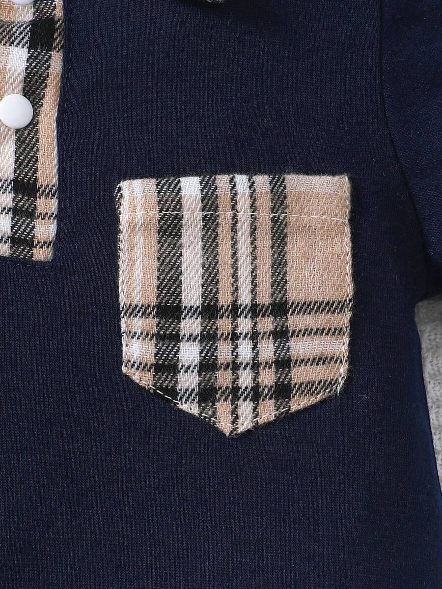 Newborn Baby Boy Plaid Texture Polo Short Sleeve Jumpsuit Casual Summer Outfit for Daily Wear