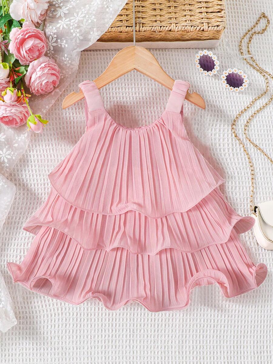 Summer Baby Girls Sleeveless Ruffle Cake Dress Solid Color Suspender Outfit