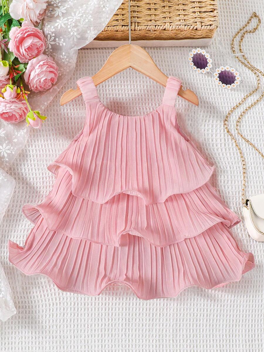 Summer Baby Girls Sleeveless Ruffle Cake Dress Solid Color Suspender Outfit