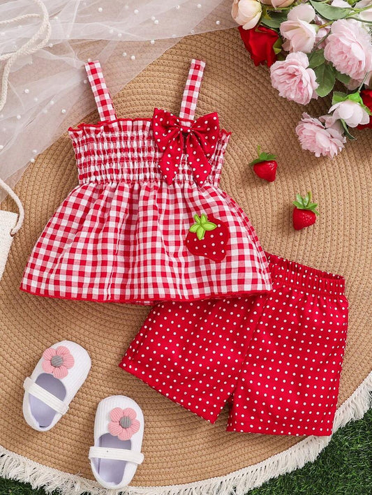 Girls Strawberry Themed Plaid Suspender Shirt and Polka Dot Shorts Spring Outfits