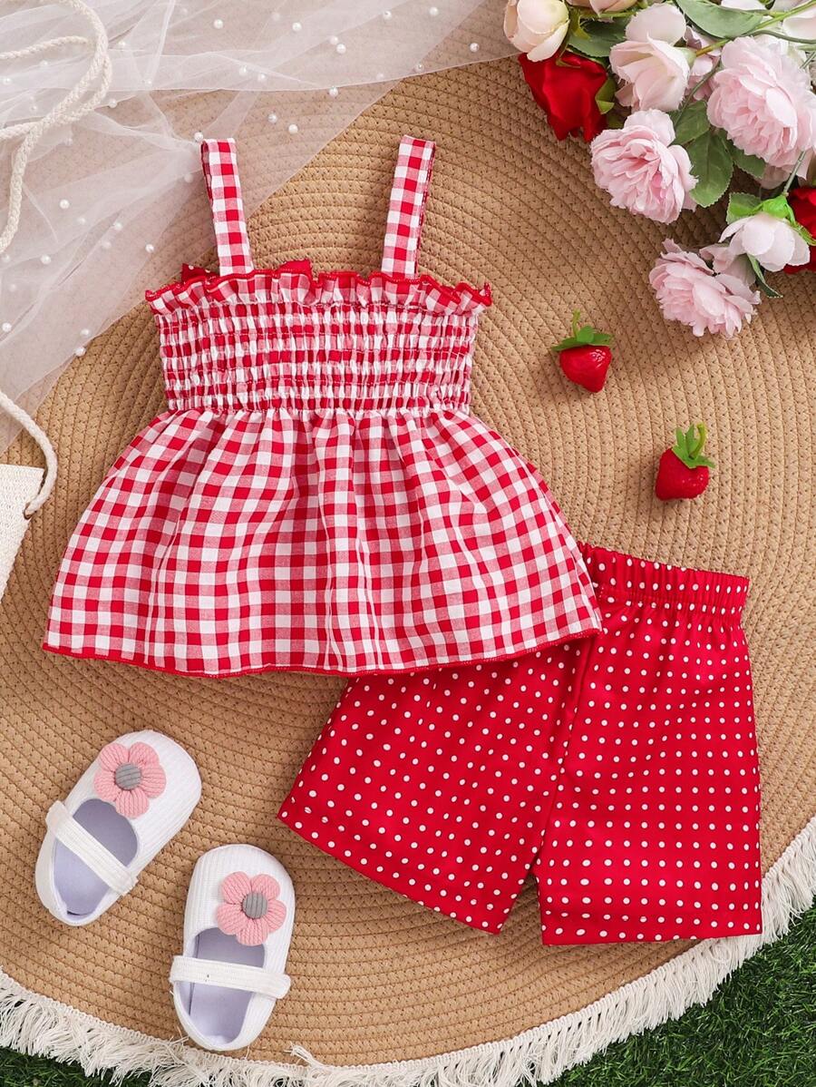 Girls Strawberry Themed Plaid Suspender Shirt and Polka Dot Shorts Spring Outfits
