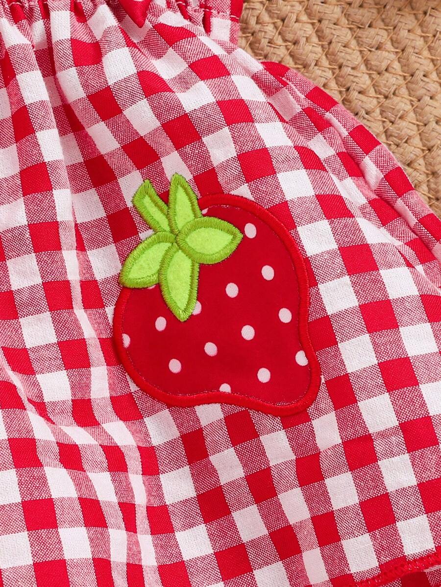 Girls Strawberry Themed Plaid Suspender Shirt and Polka Dot Shorts Spring Outfits