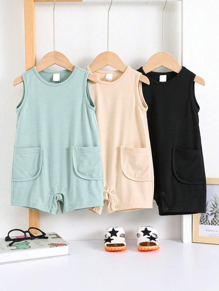Unisex Newborn Baby Solid Color Knitted Sleeveless Romper 3 Piece Spring Summer Outfit Set