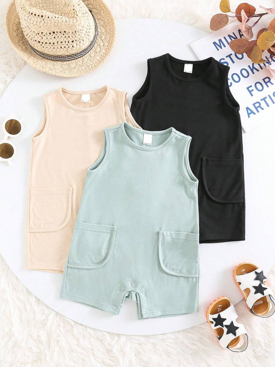 Unisex Newborn Baby Solid Color Knitted Sleeveless Romper 3 Piece Spring Summer Outfit Set