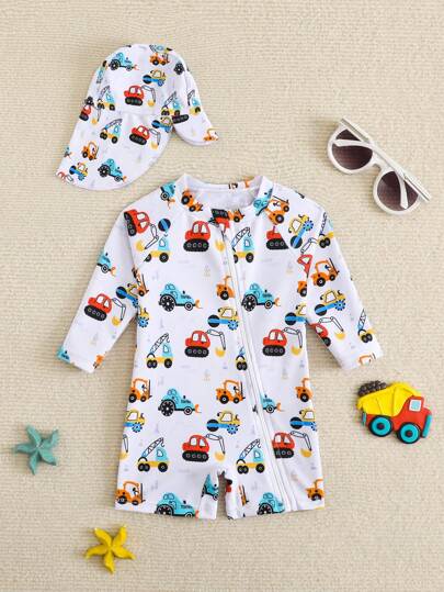 Baby Cartoon Car Print Long Sleeve One-Piece Swimsuit Set with Sun Hat