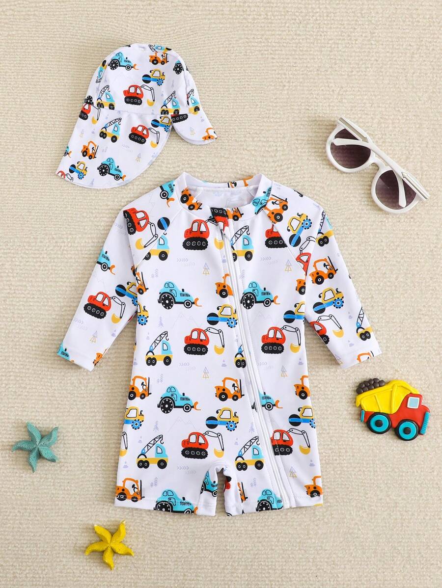 Baby Cartoon Car Print Long Sleeve One-Piece Swimsuit Set with Sun Hat
