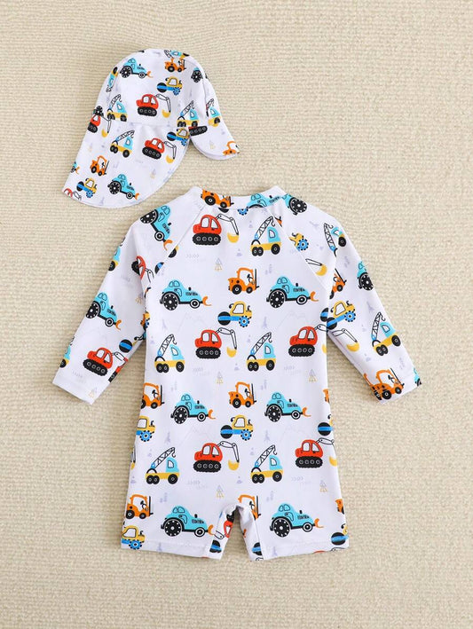 Baby Cartoon Car Print Long Sleeve One-Piece Swimsuit Set with Sun Hat