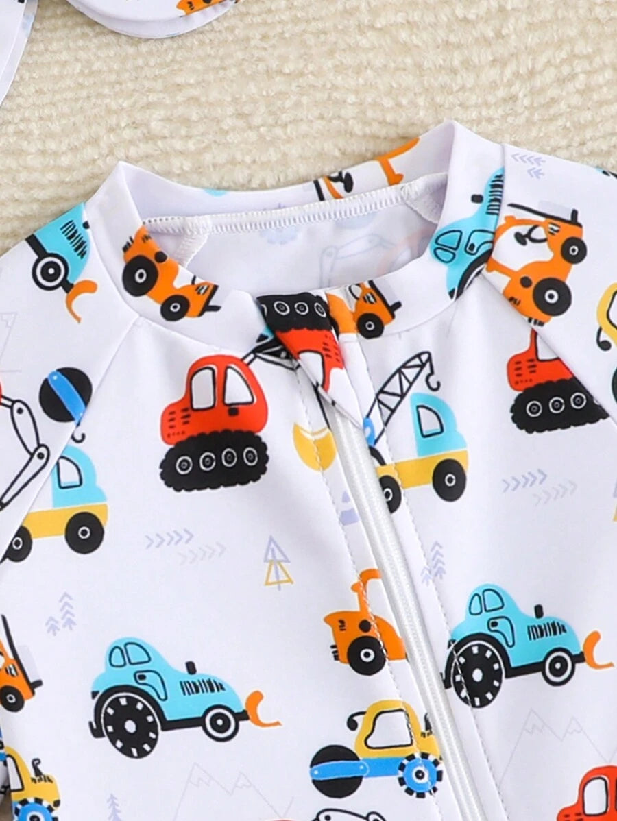 Baby Cartoon Car Print Long Sleeve One-Piece Swimsuit Set with Sun Hat