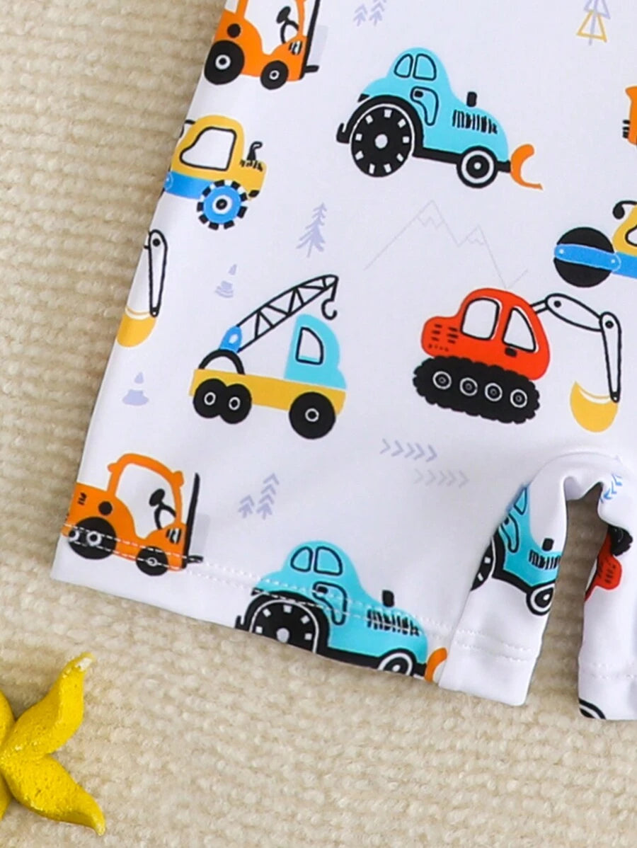 Baby Cartoon Car Print Long Sleeve One-Piece Swimsuit Set with Sun Hat