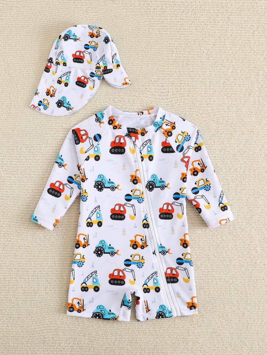 Baby Cartoon Car Print Long Sleeve One-Piece Swimsuit Set with Sun Hat