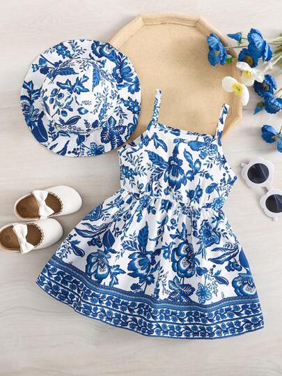 2pcs Baby Girl Floral Print Dress and Hat Set for Spring and Summer Wear