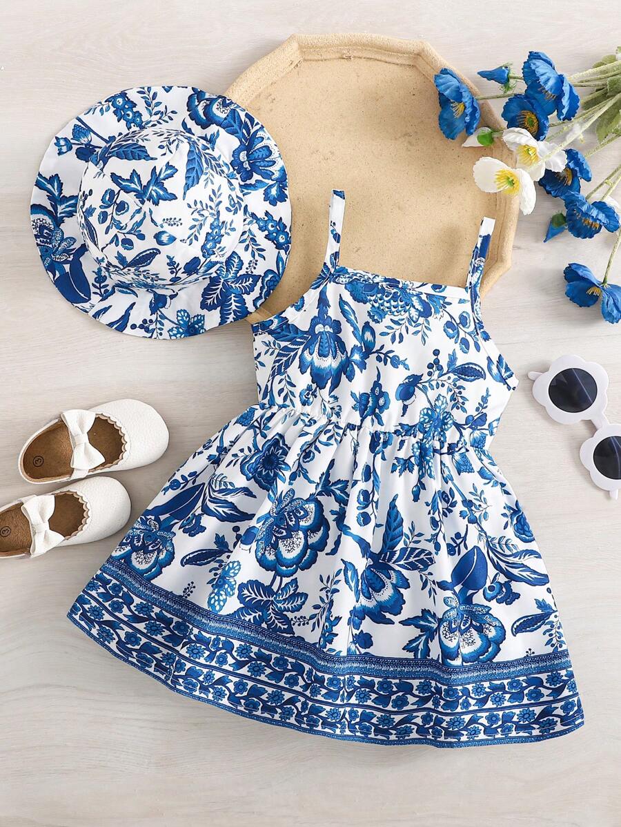 2pcs Baby Girl Floral Print Dress and Hat Set for Spring and Summer Wear