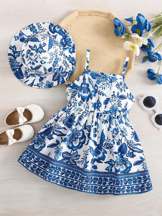 2pcs Baby Girl Floral Print Dress and Hat Set for Spring and Summer Wear