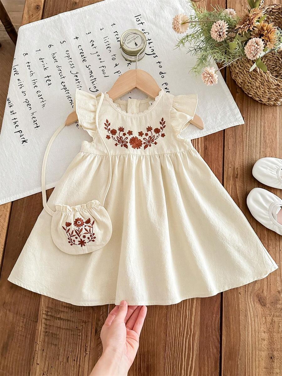 Infant Girl 2-Piece Embroidered Dress Set with Diagonal Shoulder Bag