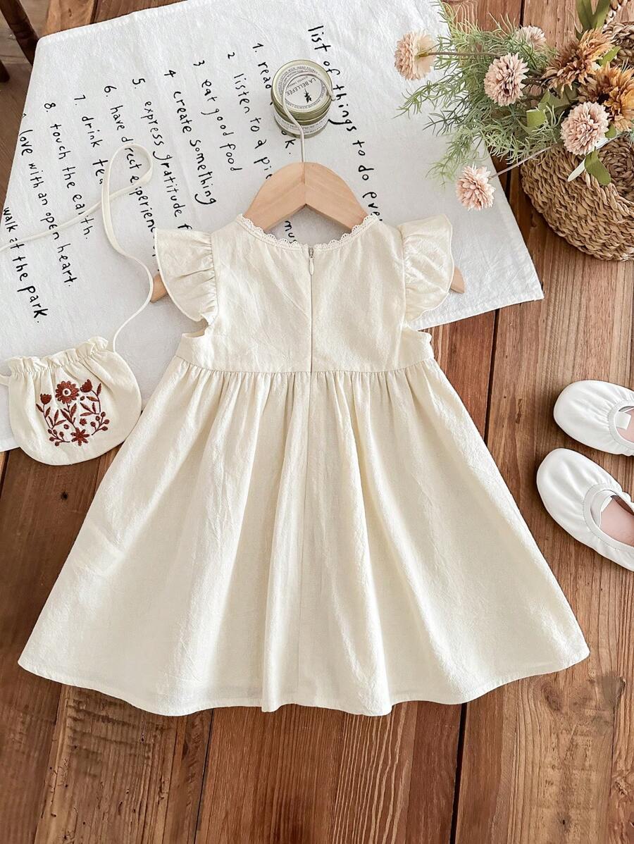 Infant Girl 2-Piece Embroidered Dress Set with Diagonal Shoulder Bag