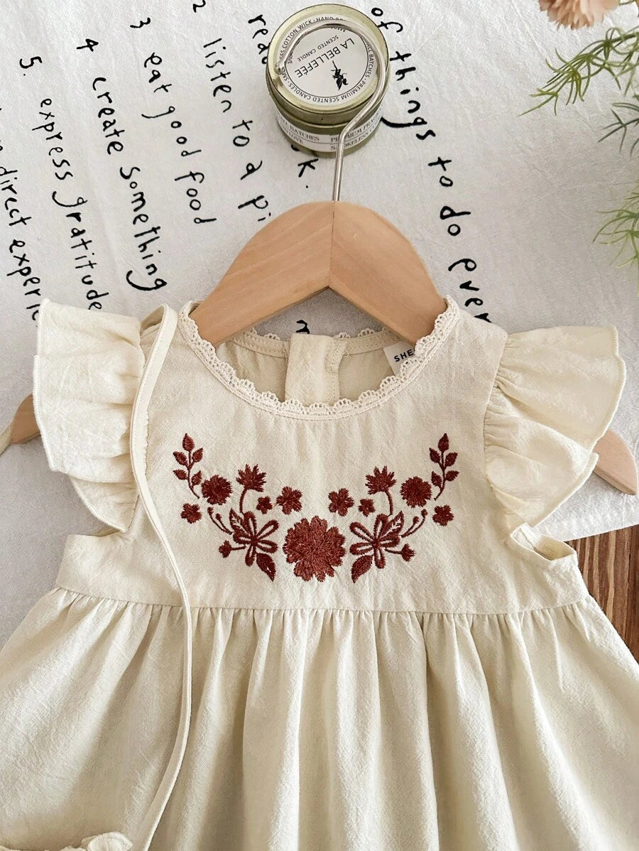 Infant Girl 2-Piece Embroidered Dress Set with Diagonal Shoulder Bag