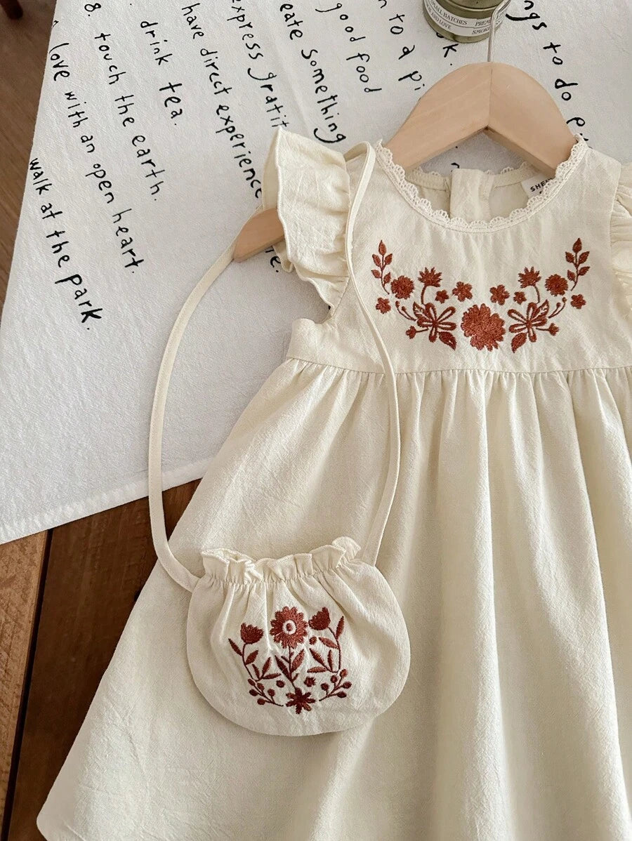Infant Girl 2-Piece Embroidered Dress Set with Diagonal Shoulder Bag