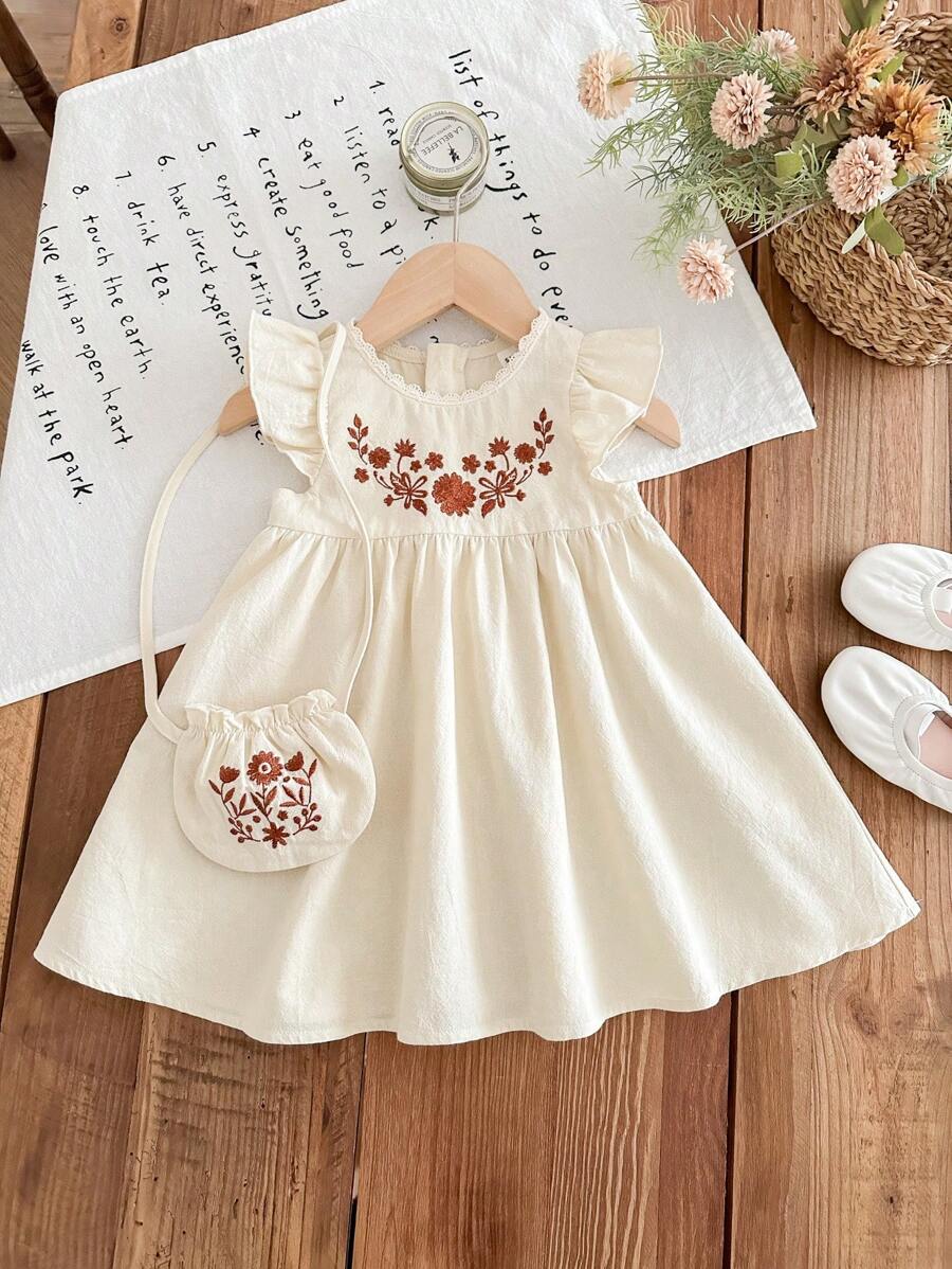 Infant Girl 2-Piece Embroidered Dress Set with Diagonal Shoulder Bag