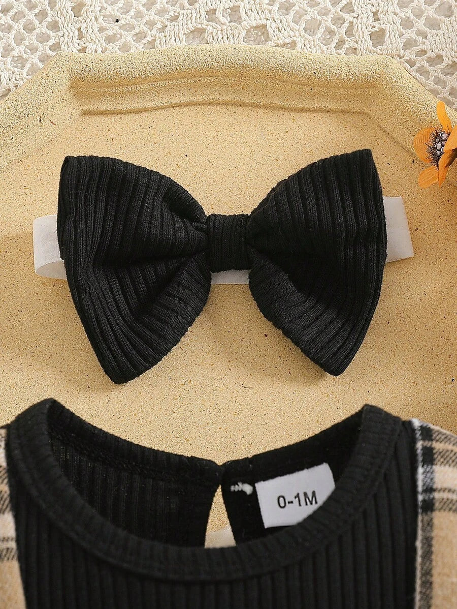 2PCS Baby Ribbed Suspender Check Bow Jumpsuit and Headband Set for Elegant Summer Wear