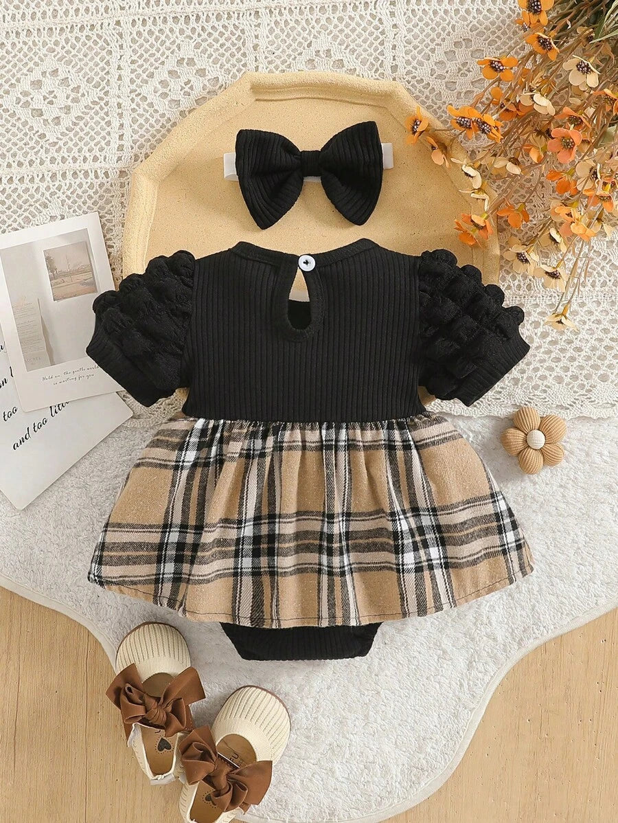 2PCS Baby Ribbed Suspender Check Bow Jumpsuit and Headband Set for Elegant Summer Wear
