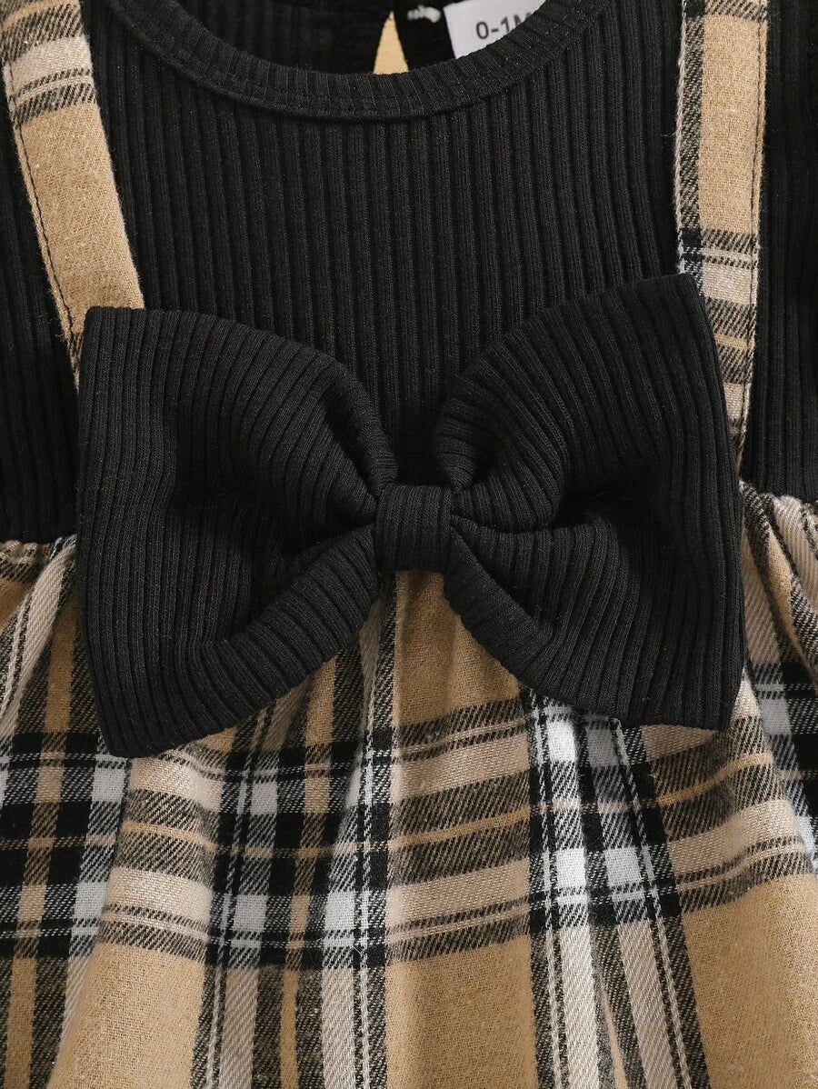 2PCS Baby Ribbed Suspender Check Bow Jumpsuit and Headband Set for Elegant Summer Wear