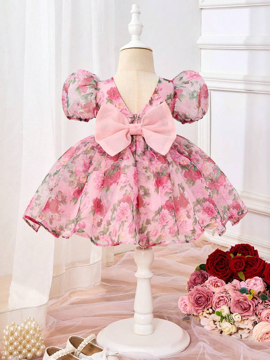 Pink Floral Mesh Embroidered Short Sleeve Dress for Baby Girls