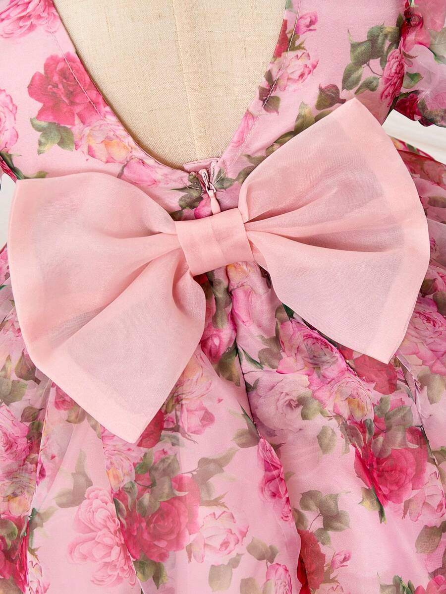 Pink Floral Mesh Embroidered Short Sleeve Dress for Baby Girls
