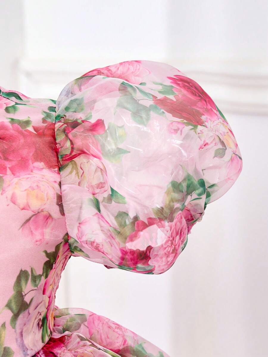 Pink Floral Mesh Embroidered Short Sleeve Dress for Baby Girls