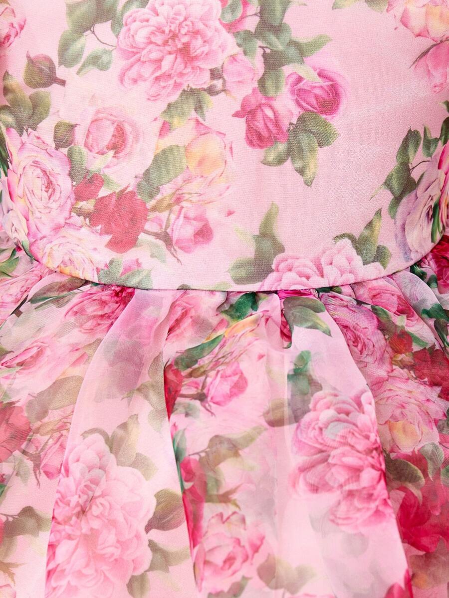 Pink Floral Mesh Embroidered Short Sleeve Dress for Baby Girls