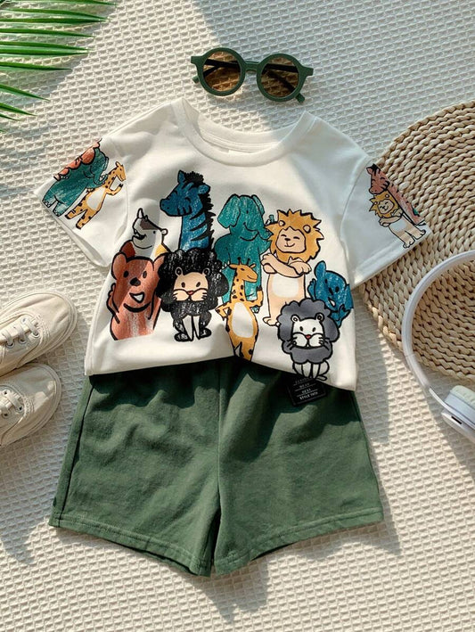 Baby Boy Animal Crayon Print T Shirt and Knitted Shorts 2 Piece Casual Spring Summer Outfit Set
