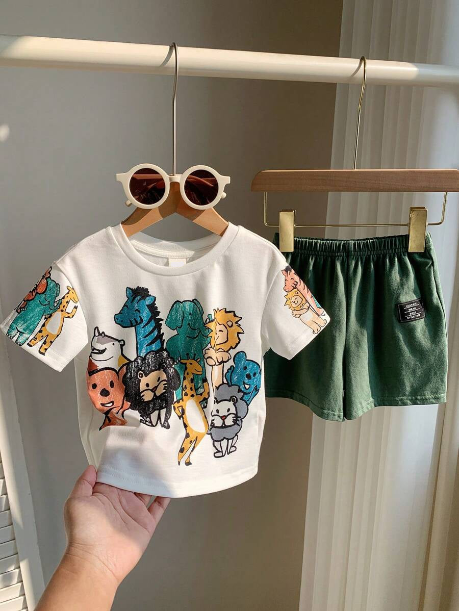Baby Boy Animal Crayon Print T Shirt and Knitted Shorts 2 Piece Casual Spring Summer Outfit Set