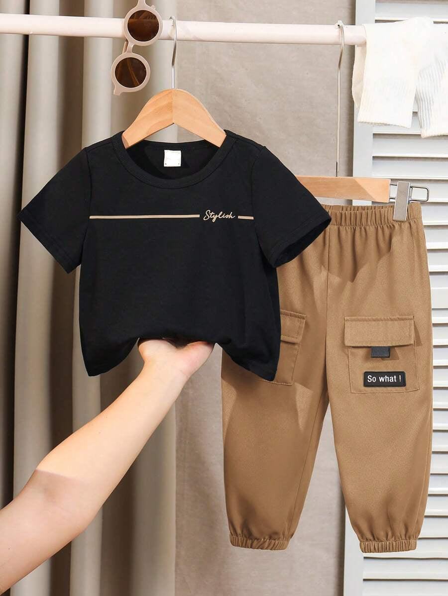 Baby Boy Letter Print T Shirt and Large Pocket Pants 2 Piece Casual Outfit Set for Spring Summer Autumn
