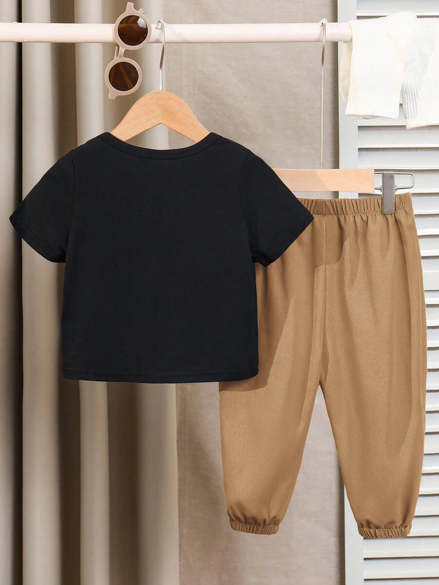 Baby Boy Letter Print T Shirt and Large Pocket Pants 2 Piece Casual Outfit Set for Spring Summer Autumn