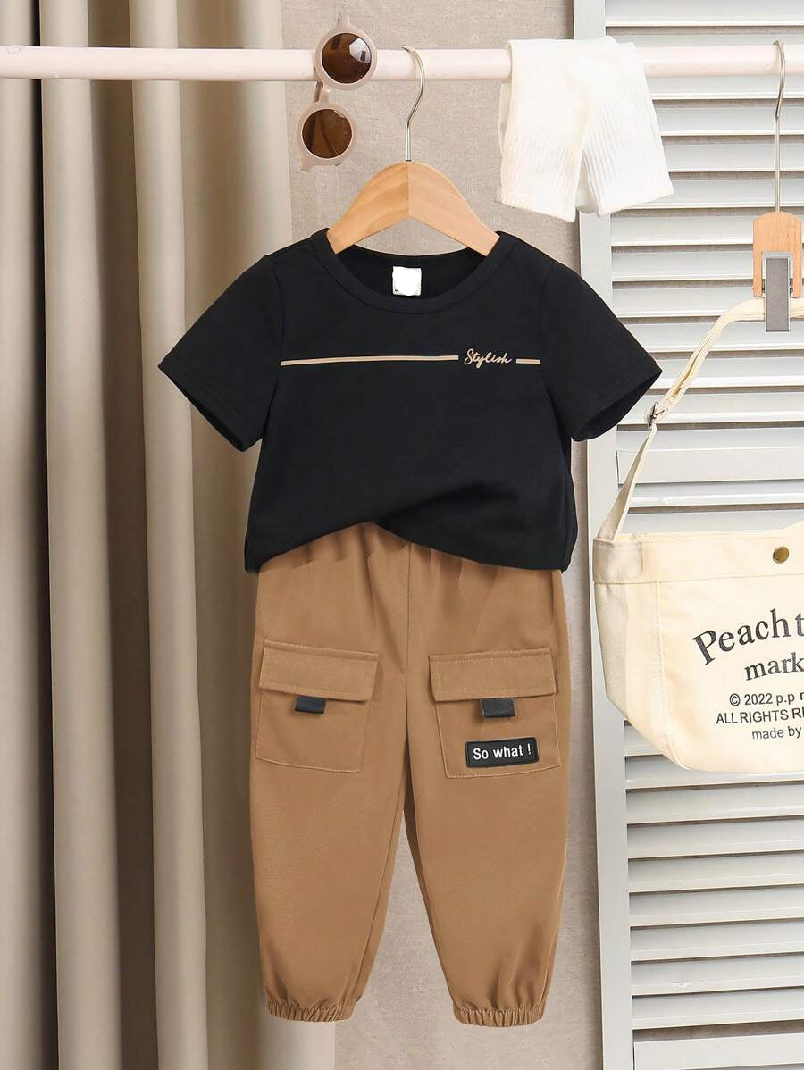 Baby Boy Letter Print T Shirt and Large Pocket Pants 2 Piece Casual Outfit Set for Spring Summer Autumn