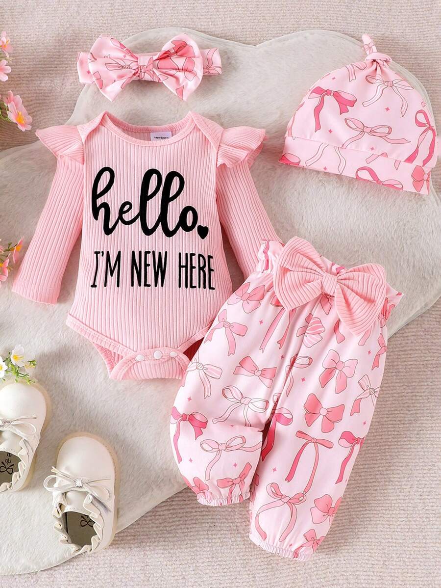 Cute Print Bodysuit Pants Hat and Headband Outfit Set for Spring and Autumn Wear