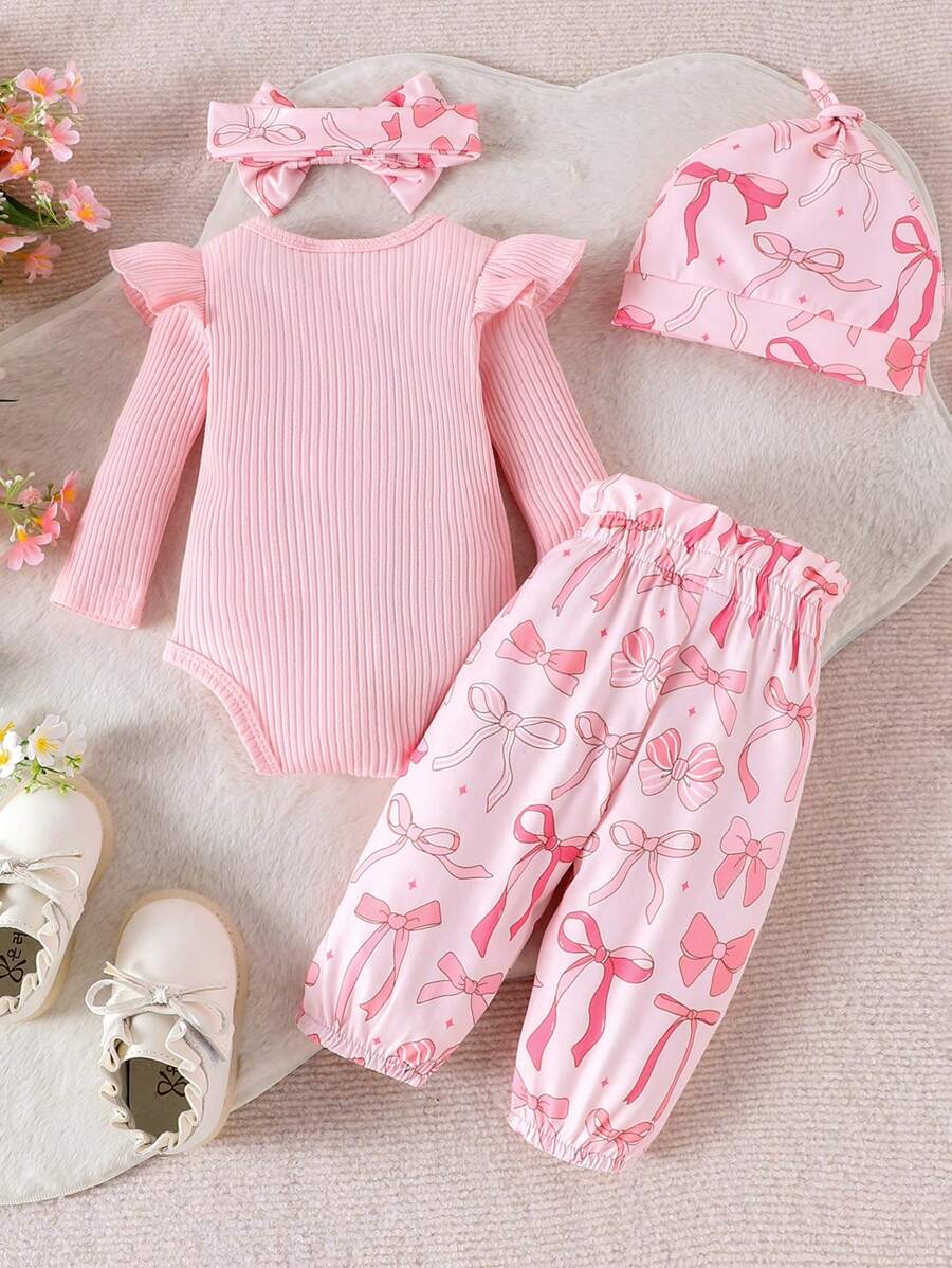 Cute Print Bodysuit Pants Hat and Headband Outfit Set for Spring and Autumn Wear