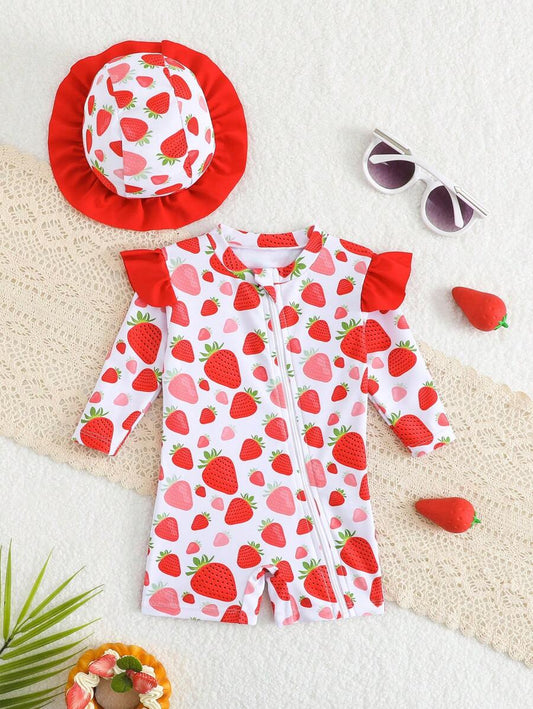 Baby Girl Strawberry Ruffle Swimsuit Set with Sun Hat