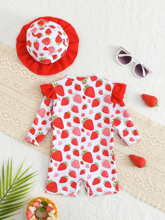 Baby Girl Strawberry Ruffle Swimsuit Set with Sun Hat