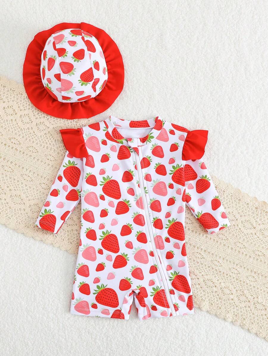 Baby Girl Strawberry Ruffle Swimsuit Set with Sun Hat