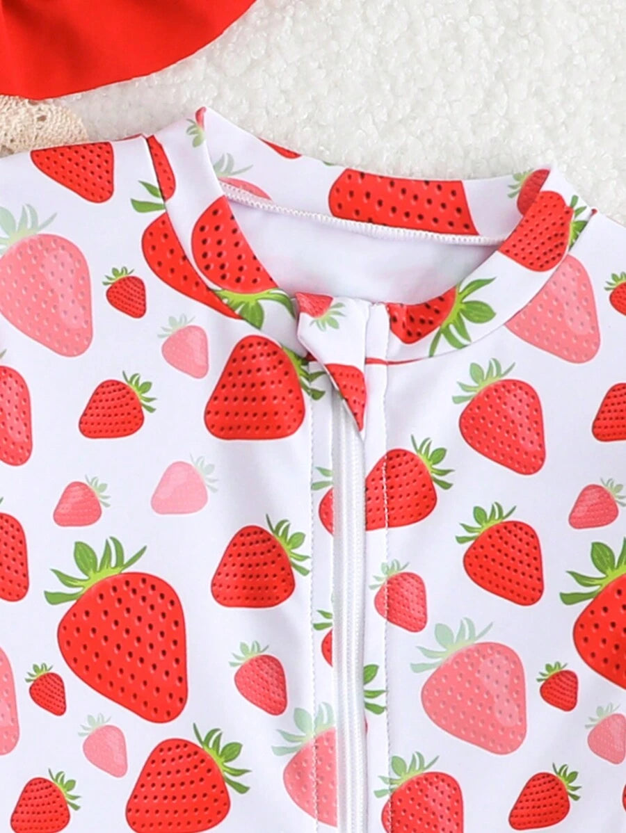 Baby Girl Strawberry Ruffle Swimsuit Set with Sun Hat
