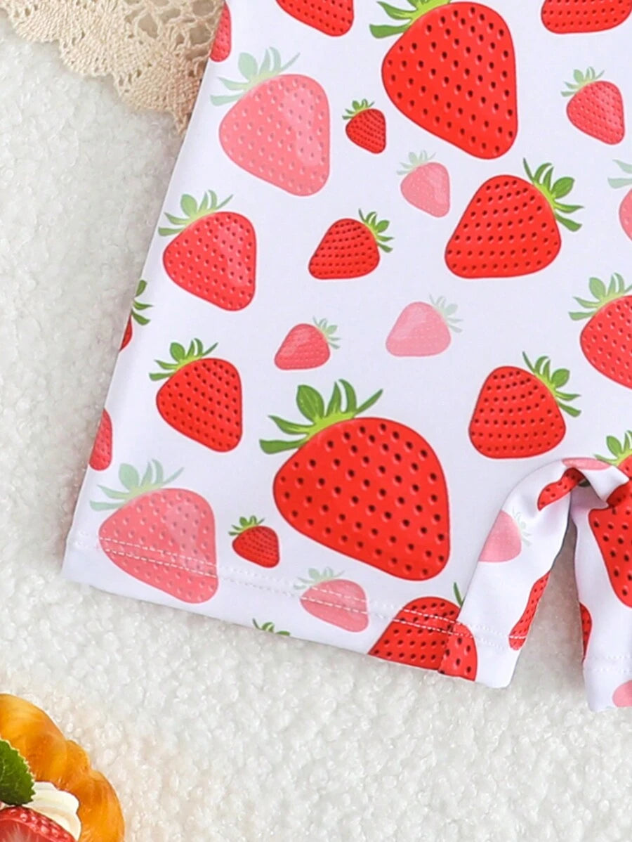 Baby Girl Strawberry Ruffle Swimsuit Set with Sun Hat