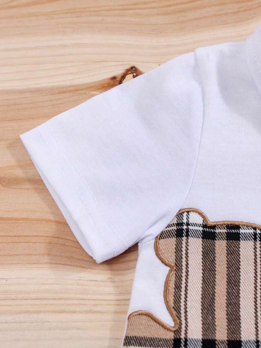 Baby Boy Summer Casual Set - Cartoon Bear Romper & Plaid Bow Bib Shorts
