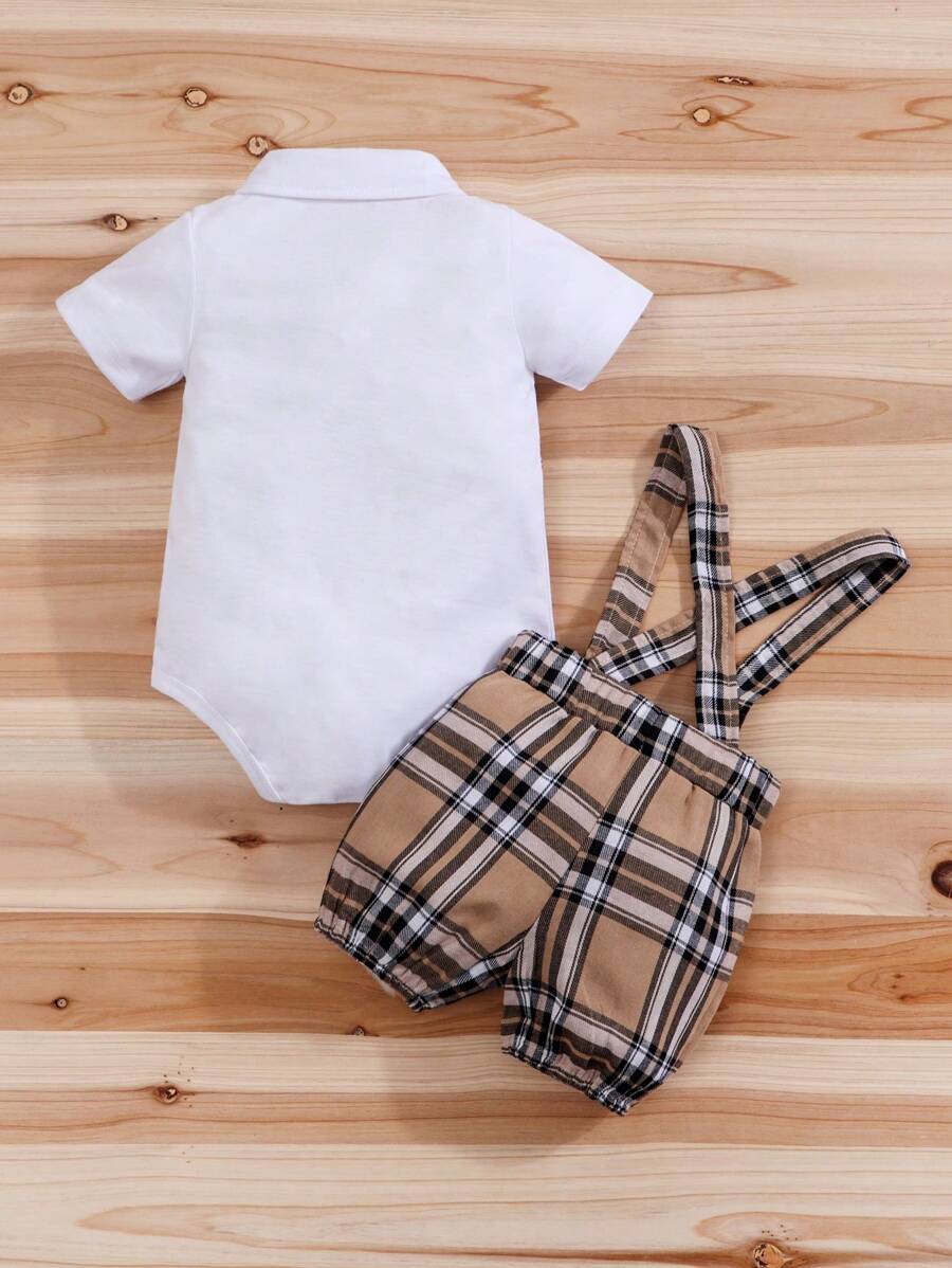 Baby Boy Summer Casual Set - Cartoon Bear Romper & Plaid Bow Bib Shorts