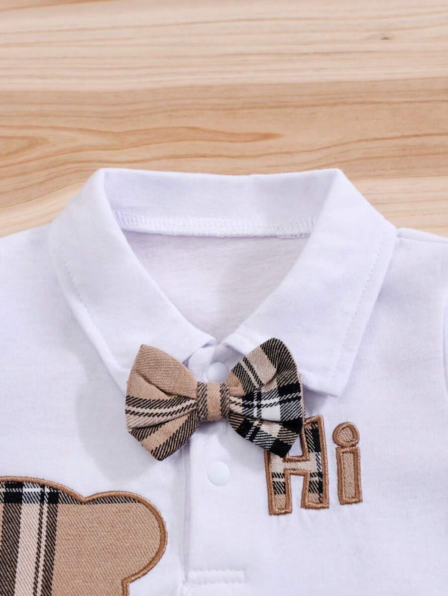 Baby Boy Summer Casual Set - Cartoon Bear Romper & Plaid Bow Bib Shorts
