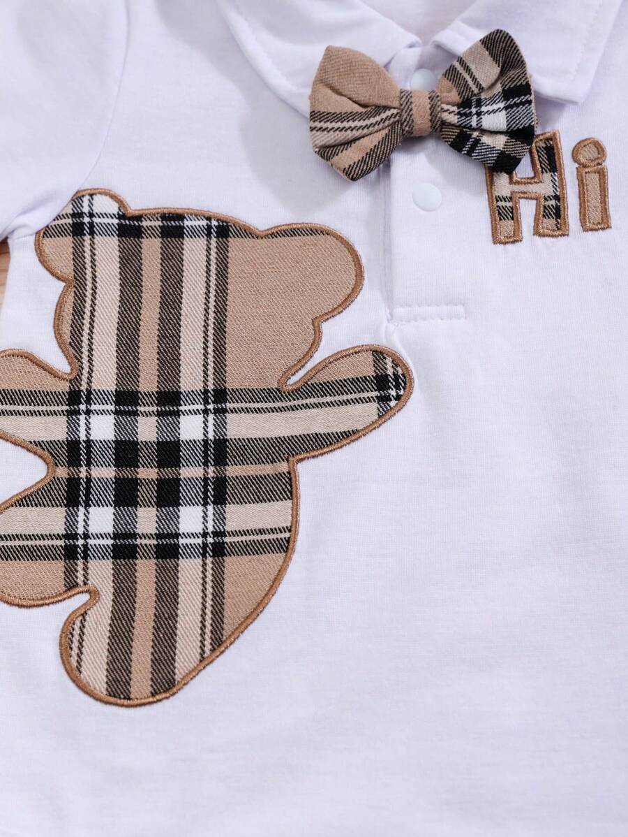 Baby Boy Summer Casual Set - Cartoon Bear Romper & Plaid Bow Bib Shorts