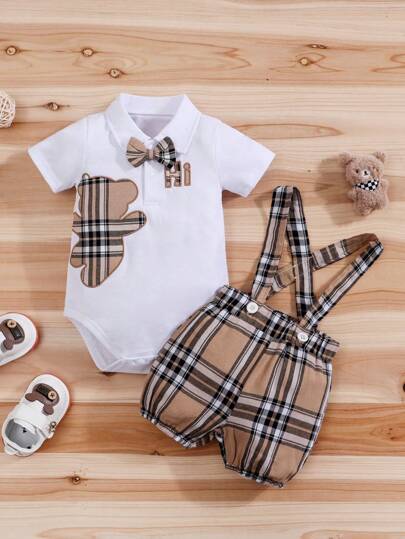 Baby Boy Summer Casual Set - Cartoon Bear Romper & Plaid Bow Bib Shorts