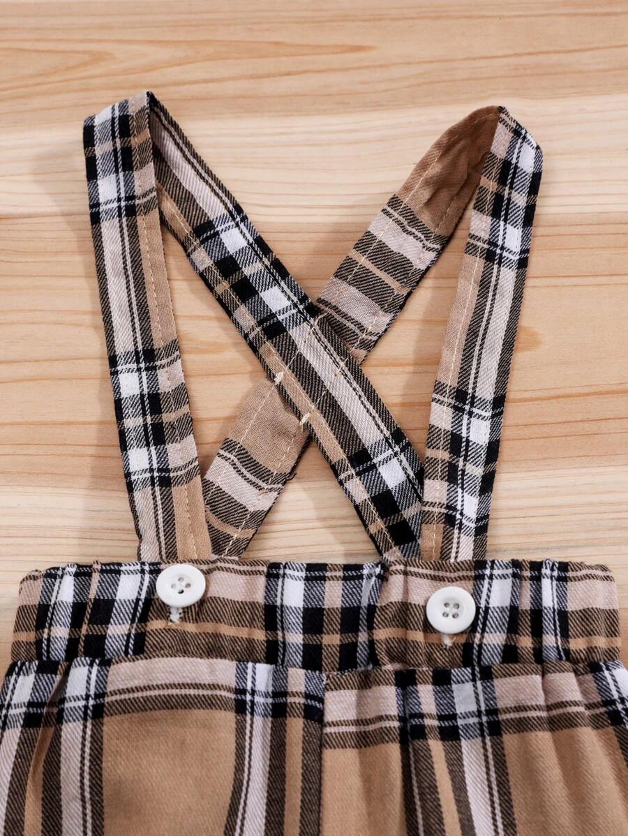 Baby Boy Summer Casual Set - Cartoon Bear Romper & Plaid Bow Bib Shorts