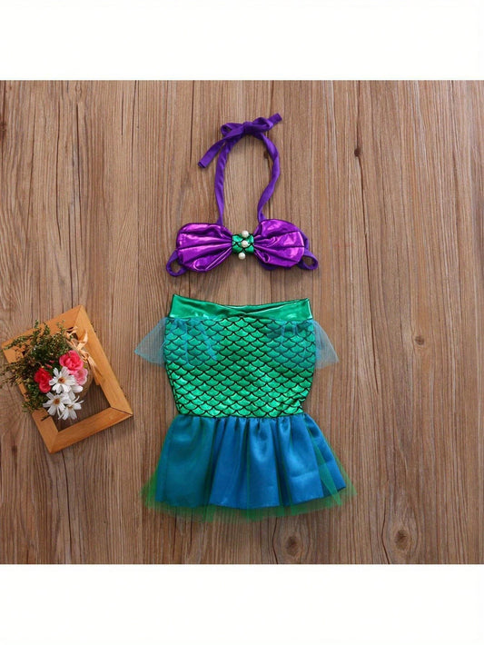 Baby Mermaid Tail Halter Bikini Swimsuit 2PCS Set with Pearl Shell Top
